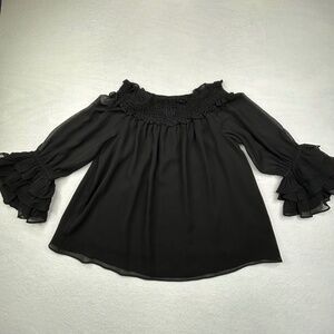 CeCe Women's Off-the-Shoulder Tiered-Ruffle-Cuff Blouse in "Rich Black" Medium